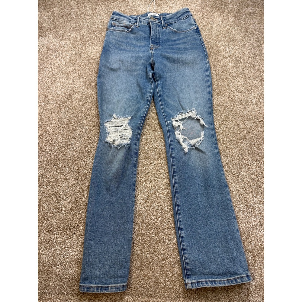 Good American Distressed Straight Leg Jeans Blue Womens 2/26